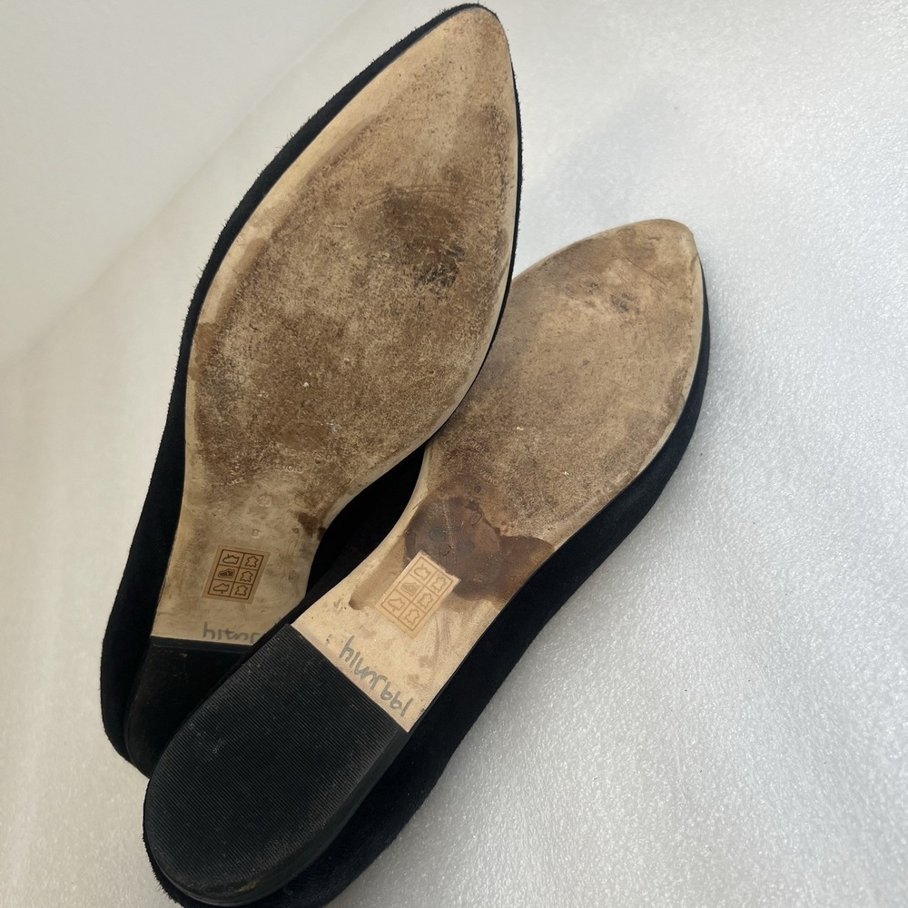 Belle Sigerson Morrison Black suede Flat Ballerina ANKLE Strap Gold Trim Sz 10 - Picture 12 of 13